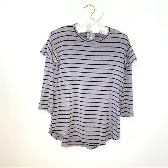 DOLAN Womens Navy Stretch Pouf Sleeve Jewel Neck Top